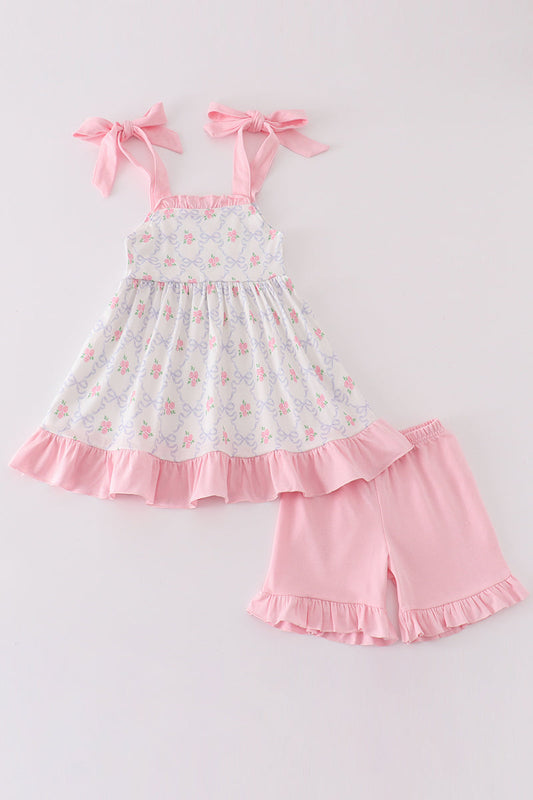 Pink bow floral print girl set