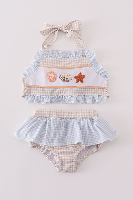 Khaki shells starfish french knot 2pc girl swimsuit