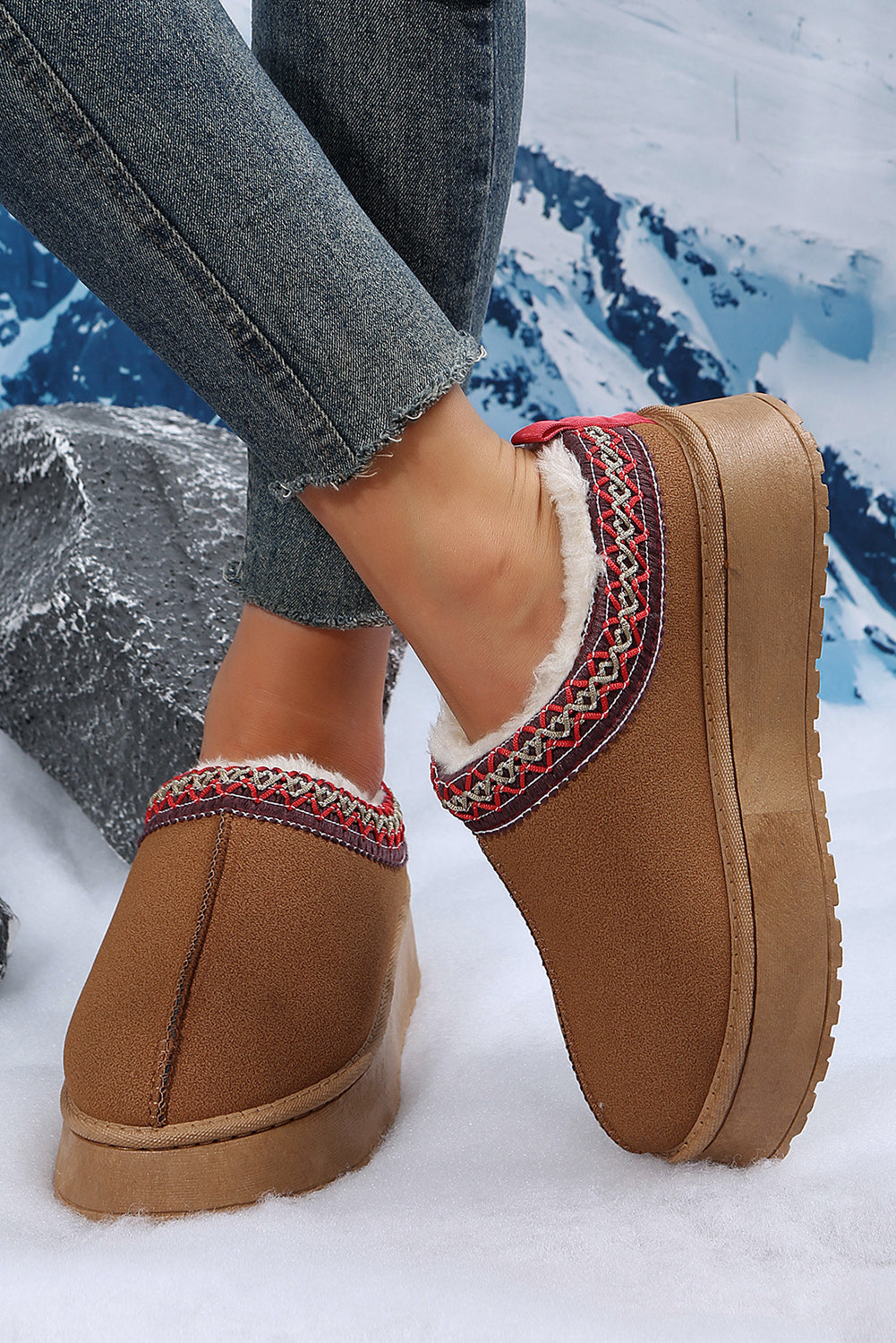 Chestnut Contrast Print Suede Plush Lined Snow Boots