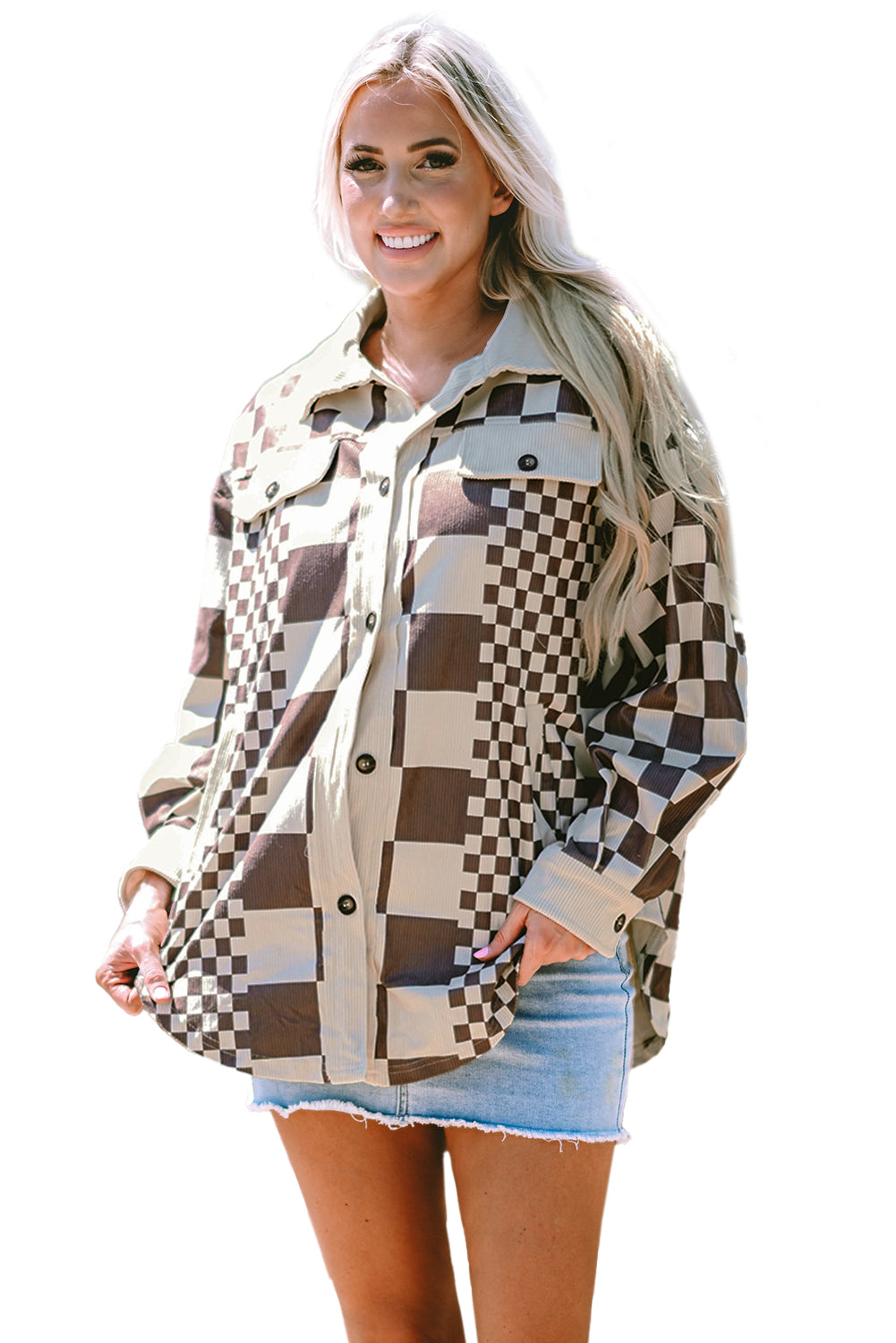 Brown Checkered Print Patchwork Corduroy Shacket