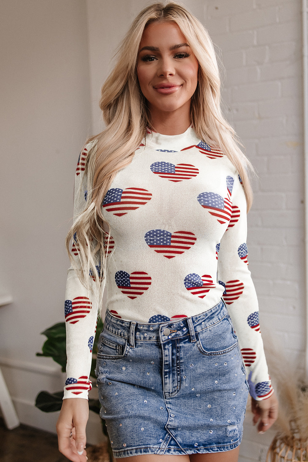 White Americana Glitter Mesh Long Sleeve Bodysuit