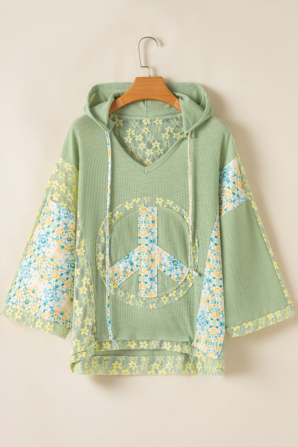 Clearly Aqua Oversized Floral Peace Sign Graphic Patchwork Knit Hooded Top