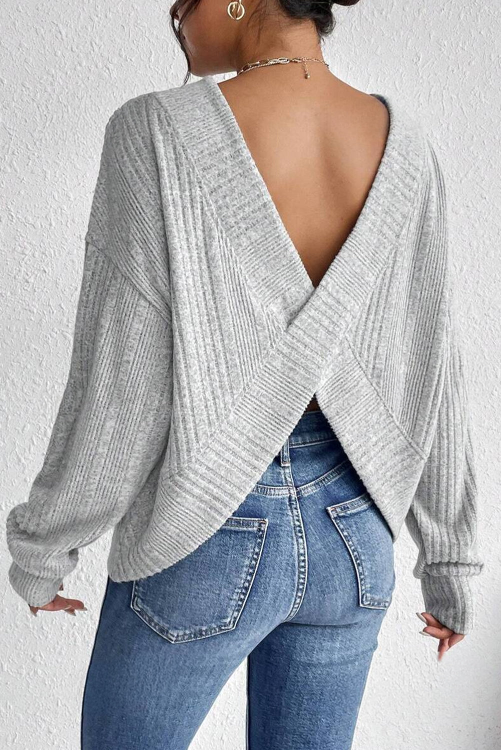 Light Grey Textured Crossover Backless Knit Long Sleeve Top