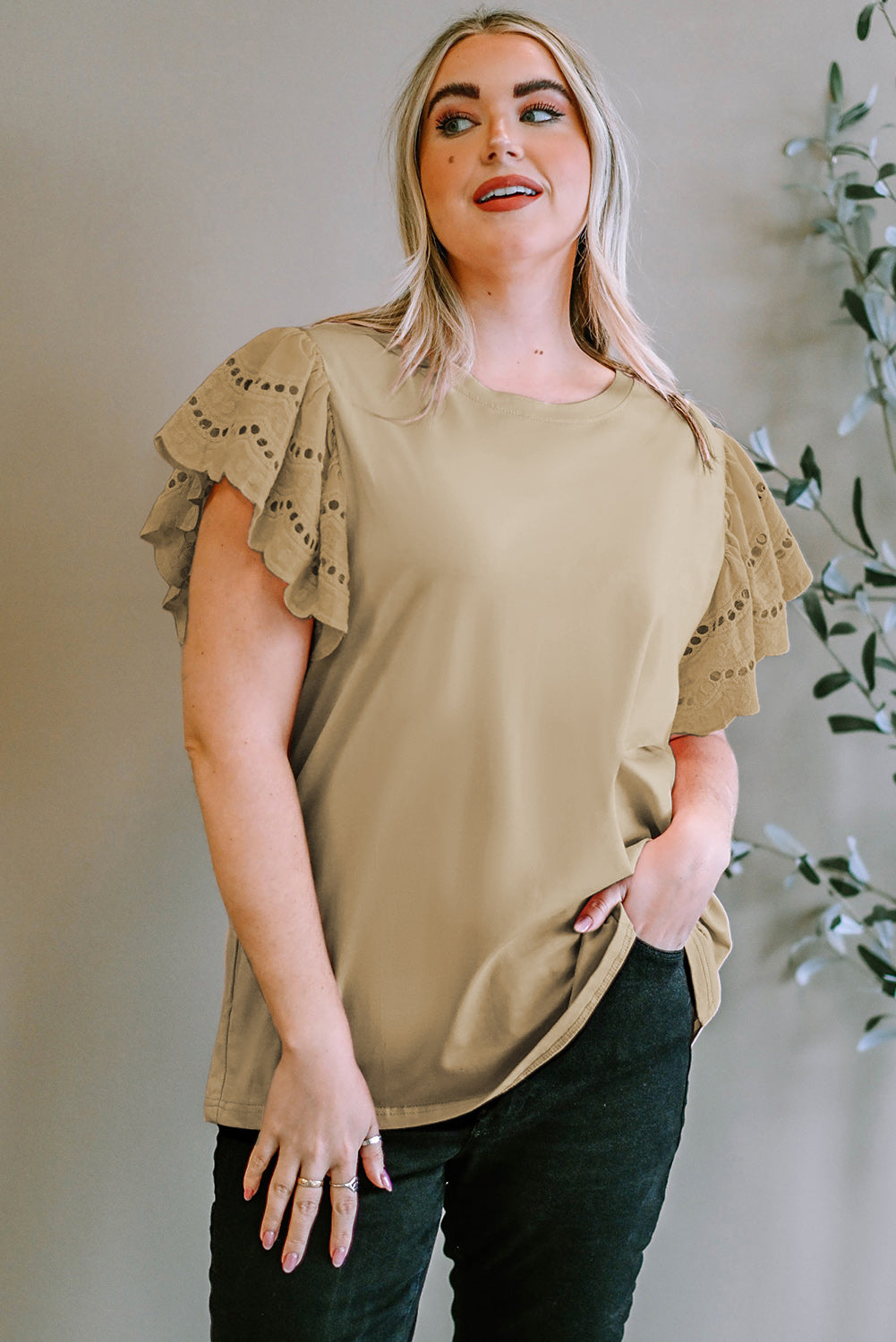 Plus Size Eyelet Round Neck Short Sleeve Blouse