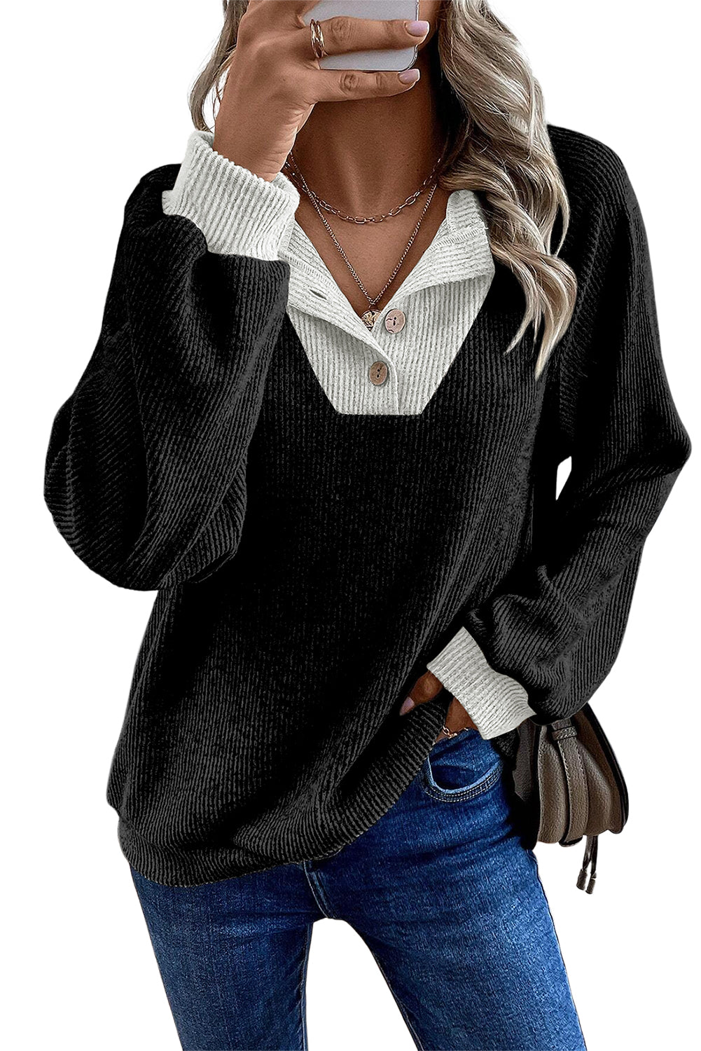 Black Color Contrast Ribbed Loose Fit Long Sleeve Top