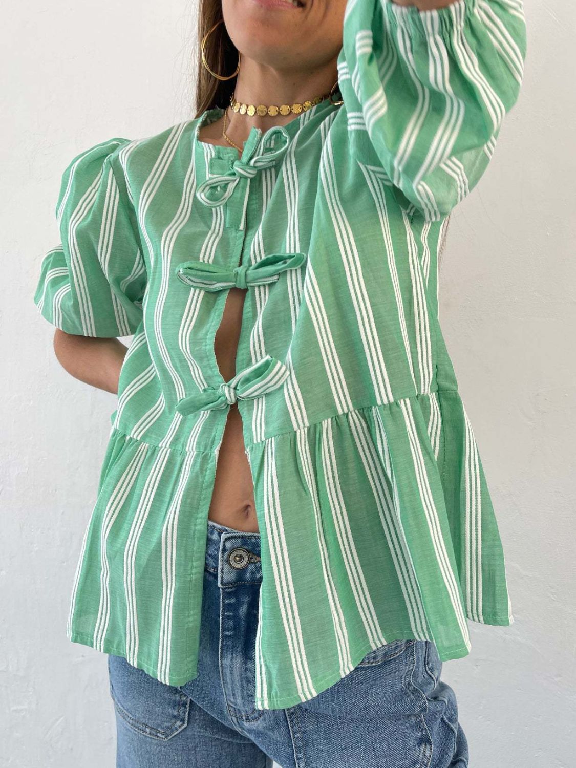 Tied Round Neck Balloon Sleeve Shirt