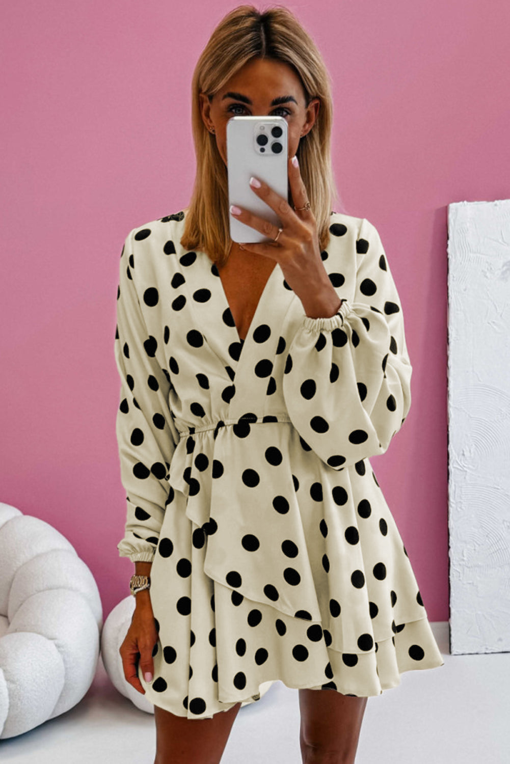 Beige Polka Dot Printed Surplice V Neck Puff Sleeve Mini Dress