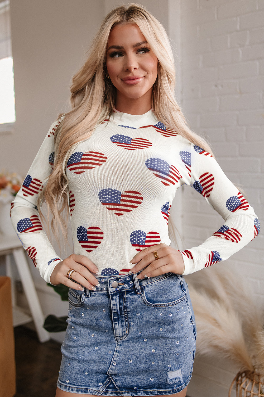 White Americana Glitter Mesh Long Sleeve Bodysuit