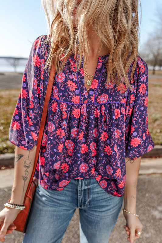 Purple Floral Half Sleeve Split Neck Blouse Top