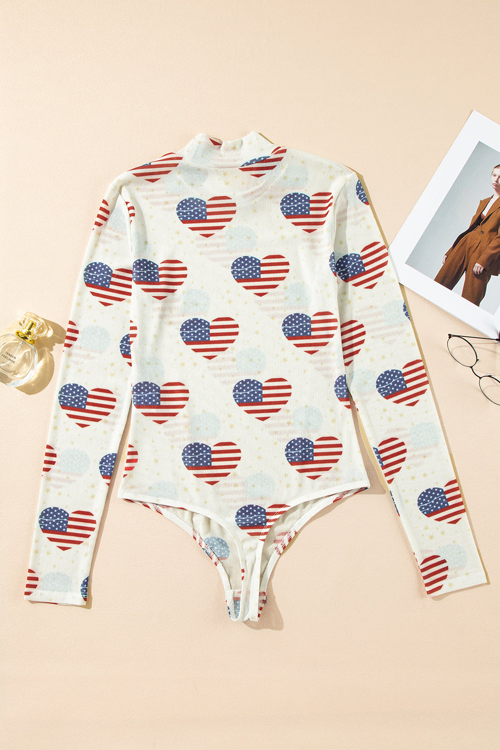 White Americana Glitter Mesh Long Sleeve Bodysuit