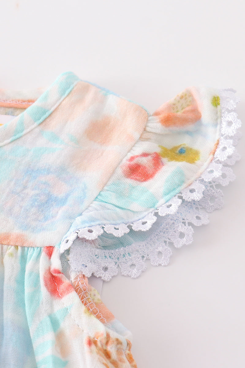 Premium Blue & pink muslin floral ruffle baby set