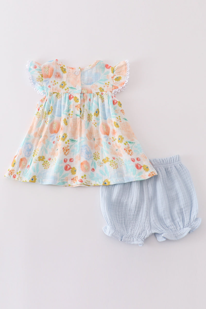 Premium Blue & pink muslin floral ruffle baby set