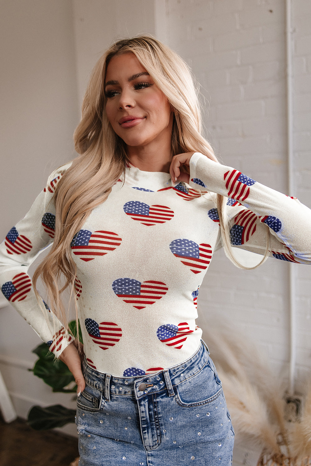 White Americana Glitter Mesh Long Sleeve Bodysuit