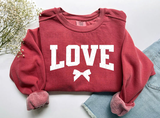 Love + bow solid white font- Comfort Color Sweatshirt