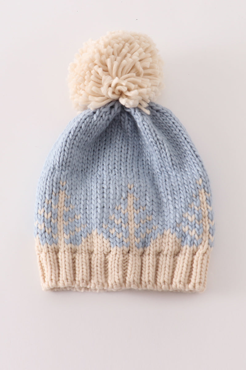 Blue pompom Christmas tree cable beanie