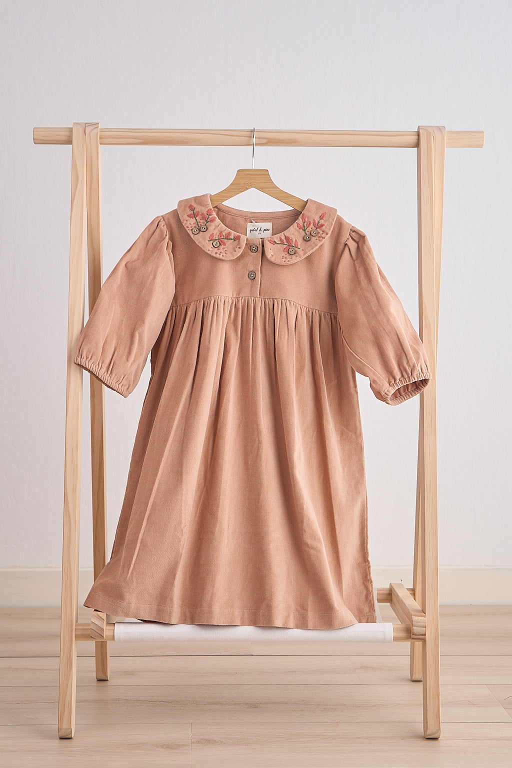 Beige floral embroidery velveteen girl dress