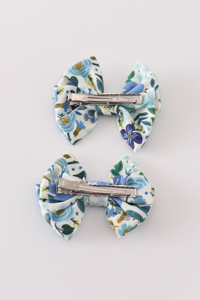 Blue floral print hair bow