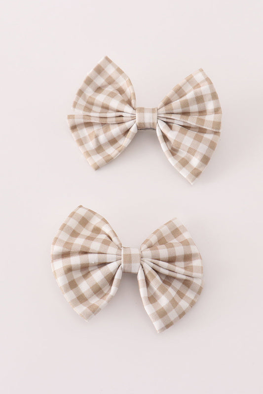 Khaki gingham piggie hair bow