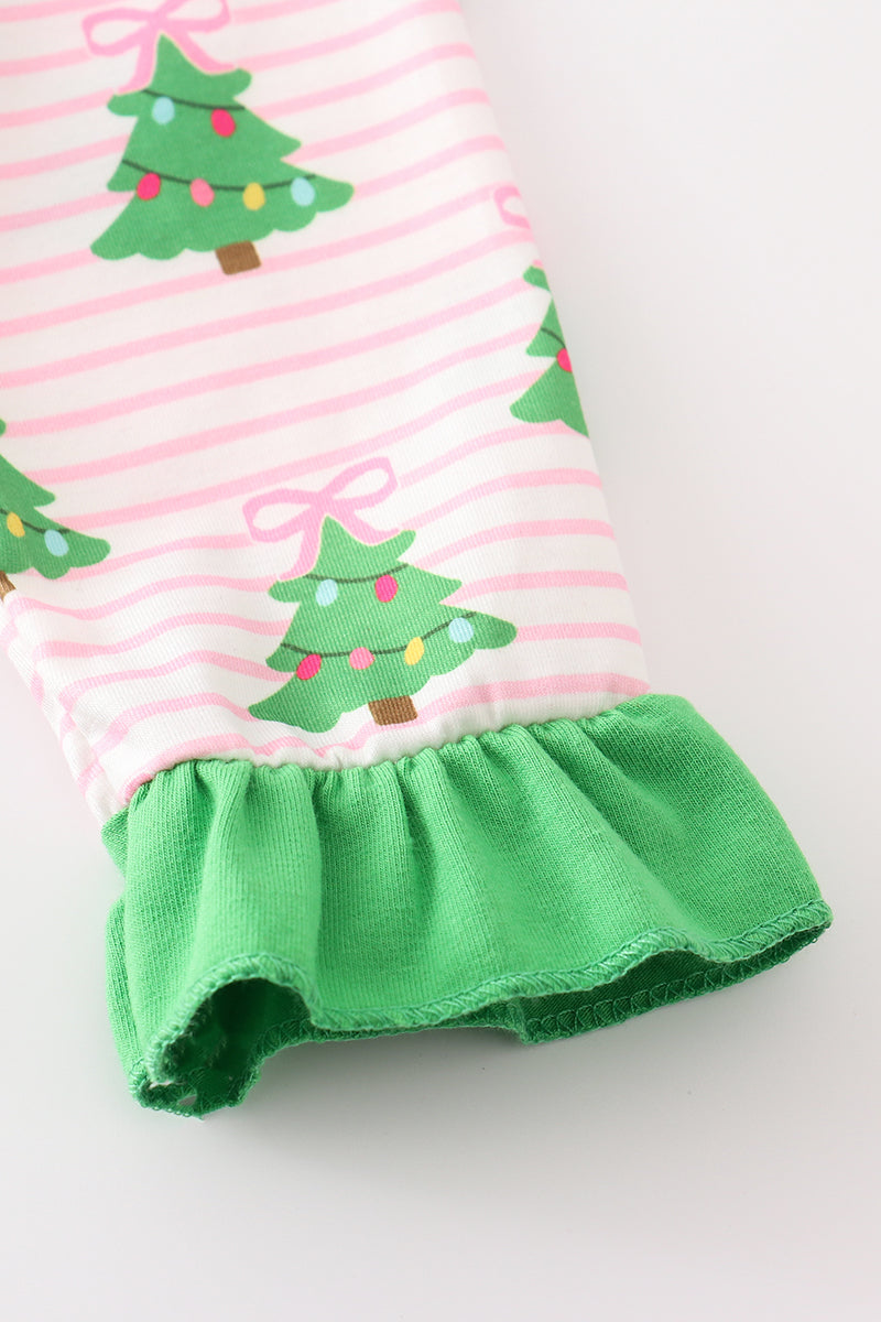 Green christmas tree print ruffle girl pajamas set