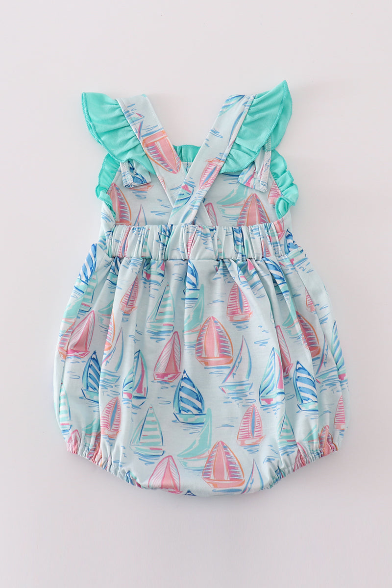 Green sailboat print ruffle bubble