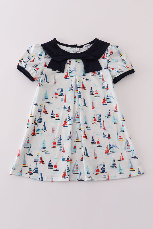 Navy sailboat print girl dress