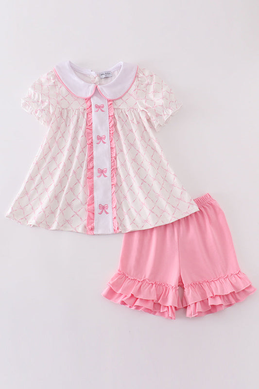 Pink bow embroidery girl set