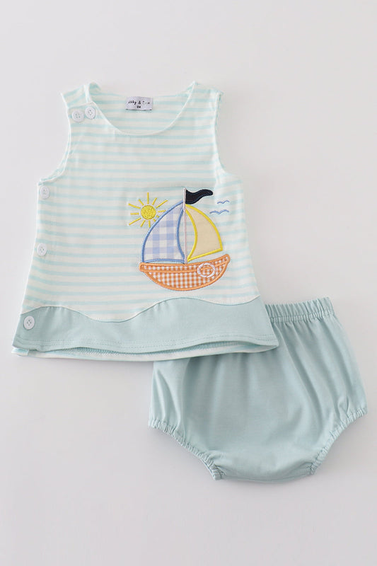 Blue stripe sailboat applique boy bloomer set