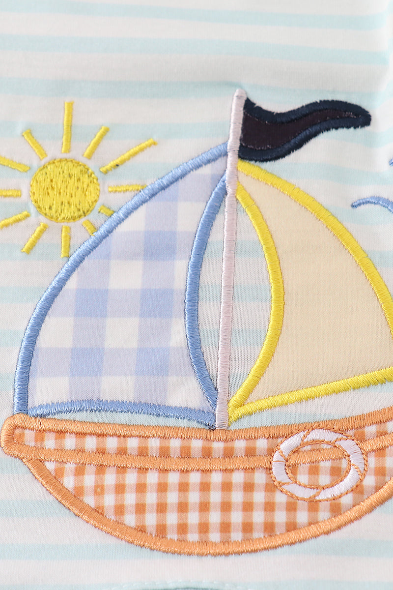 Blue stripe sailboat applique boy bloomer set