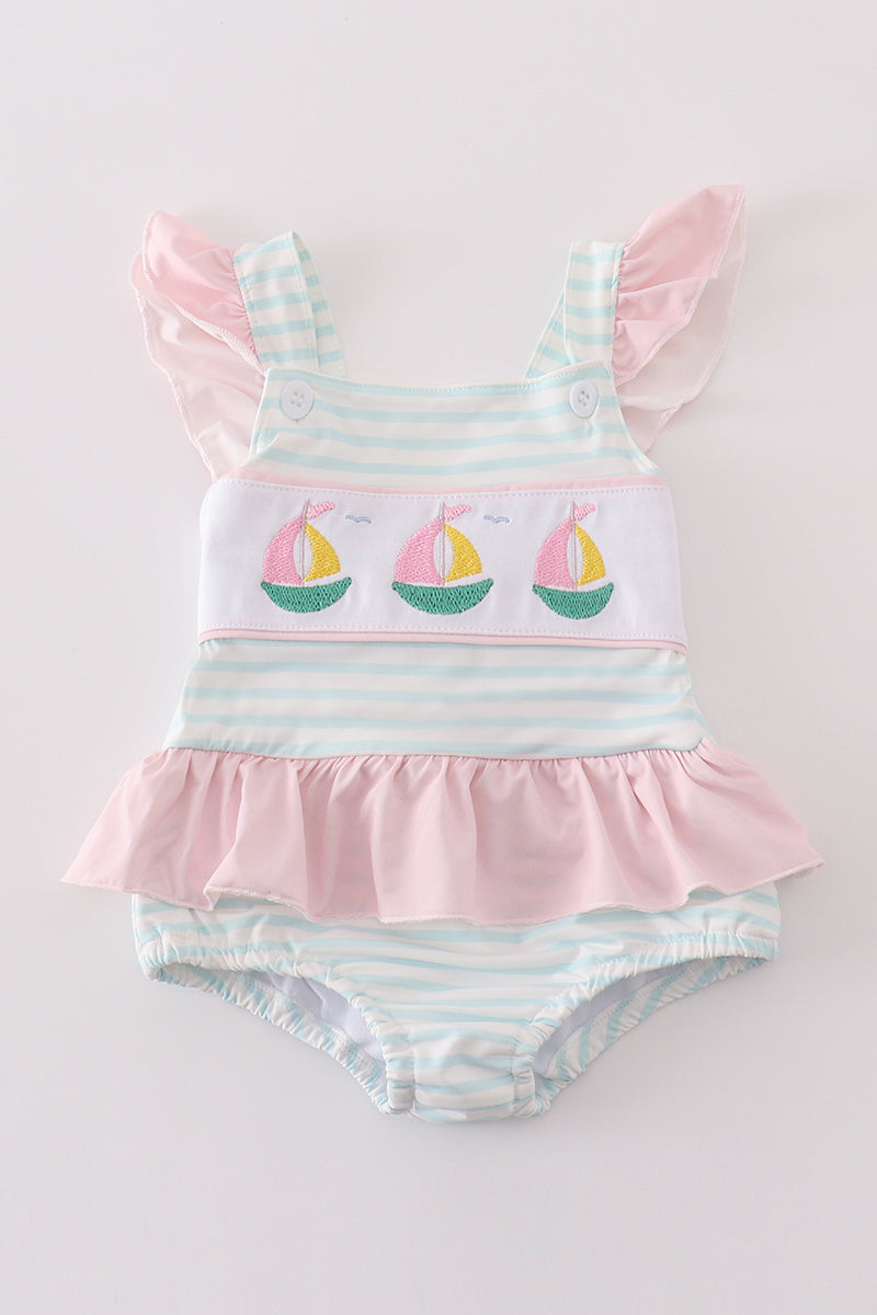 Pink sailboat embroidery girl swimsuit