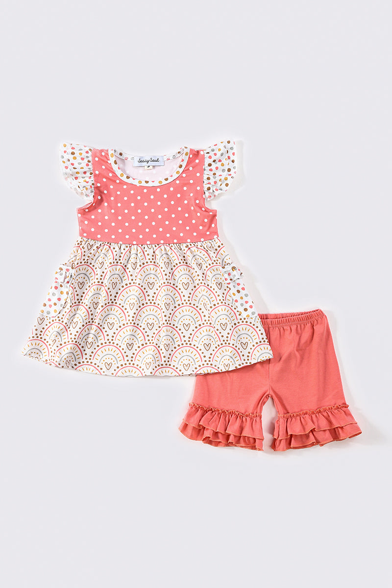 Coral rainbow dot print girl set