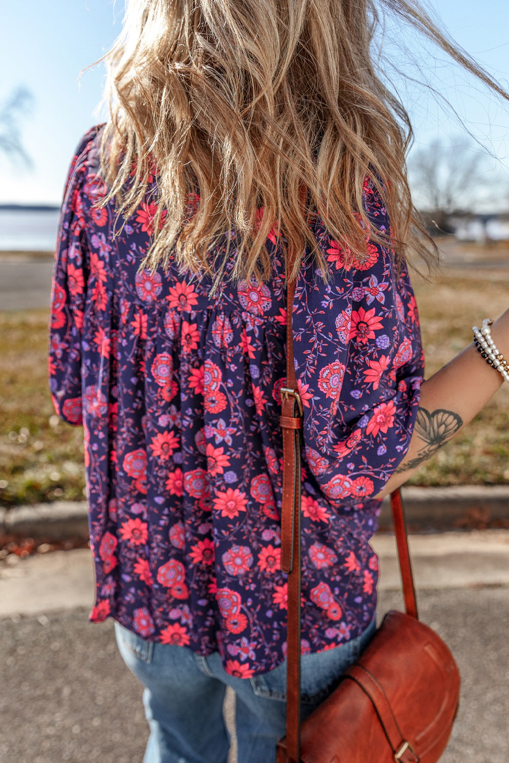 Purple Floral Half Sleeve Split Neck Blouse Top