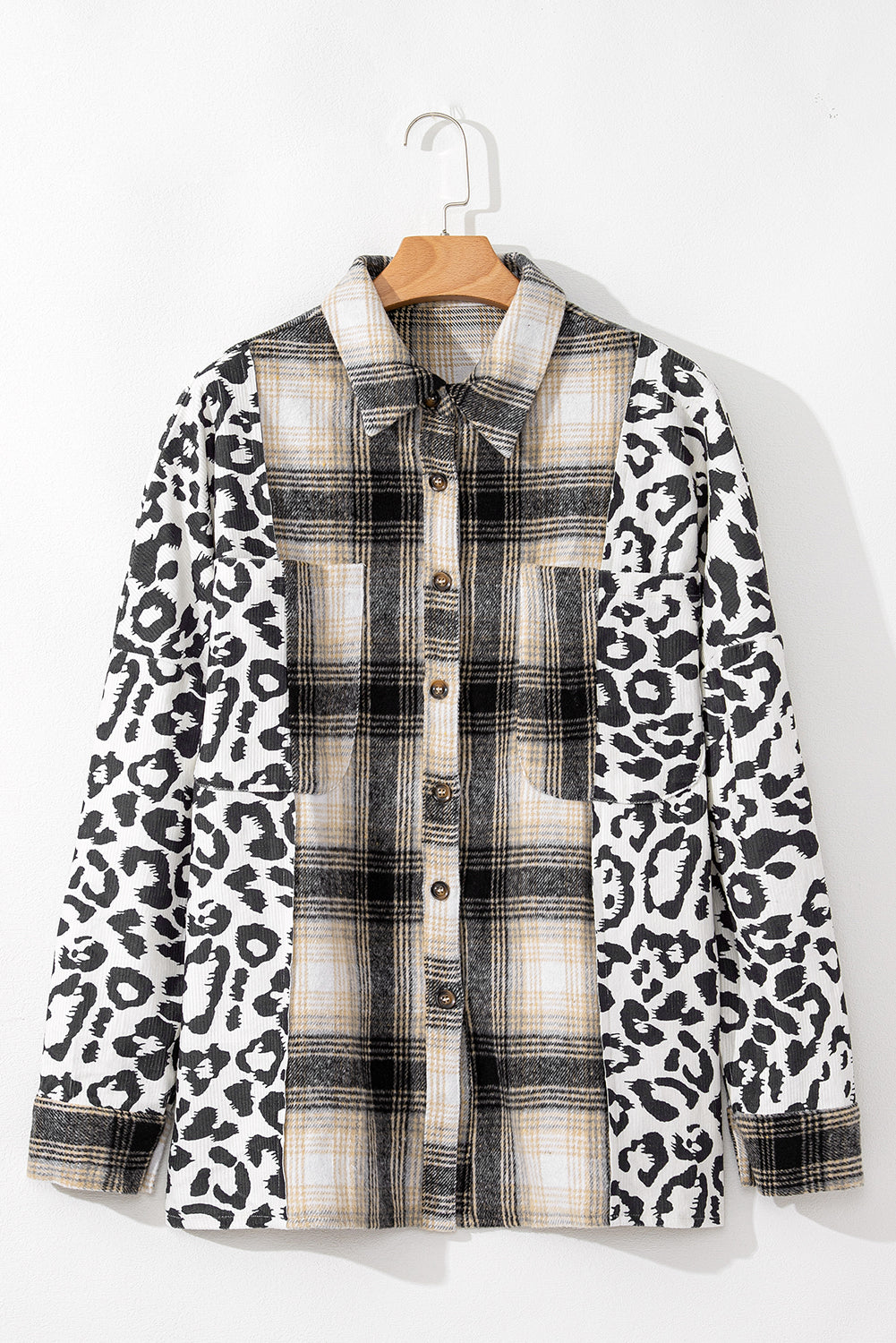 Black Plus Size Plaid Leopard Printed Patchwork Button Up Shacket