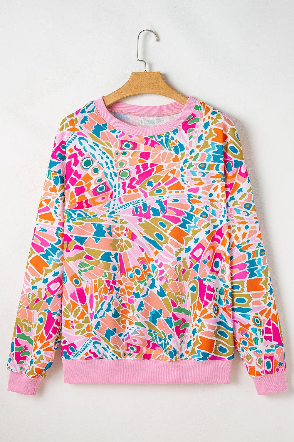 Pink Abstract Printed Drop Shoulder Loose Sweatshirt