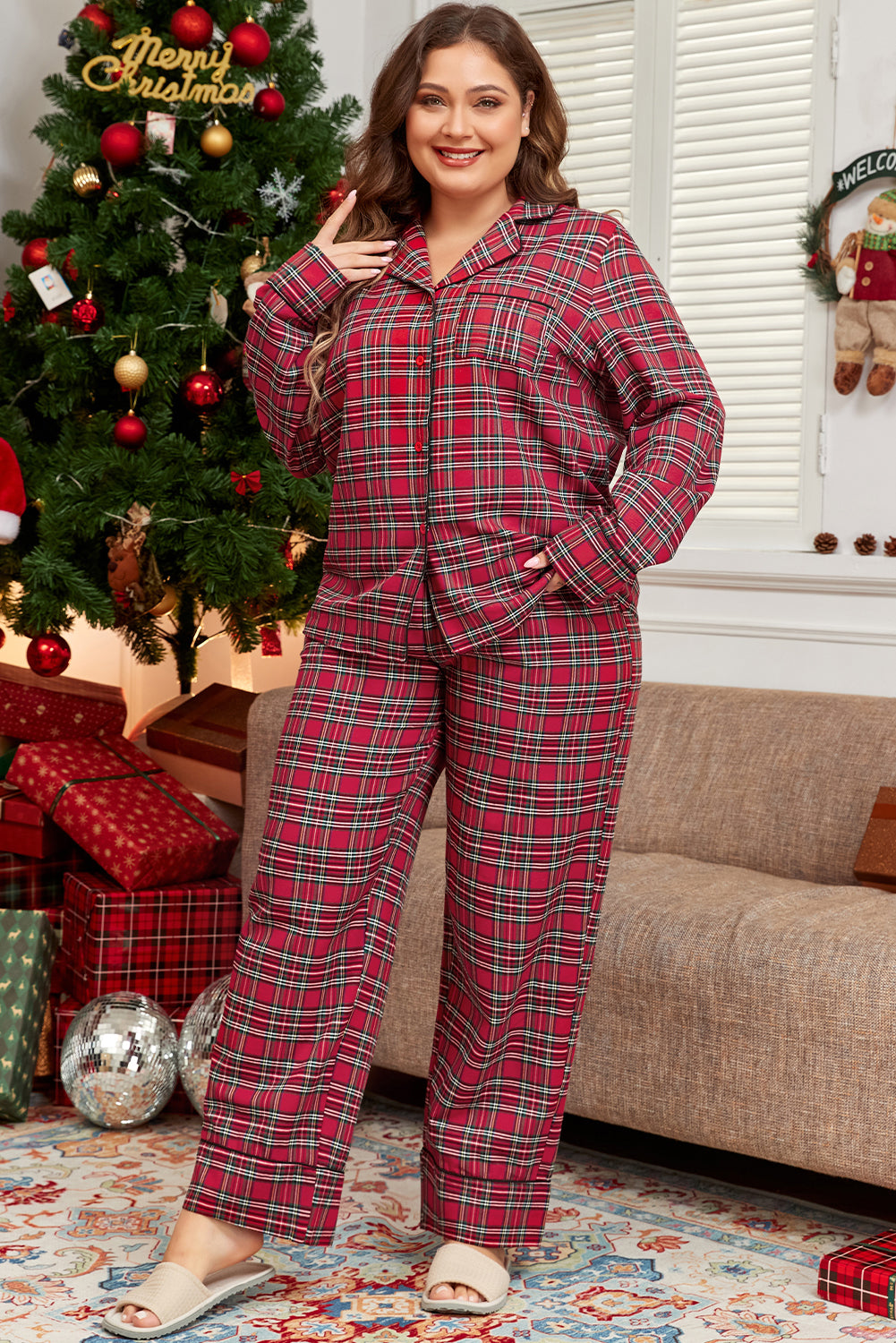 Red Plaid Printed Shirt and Pants Plus Size Lounge Set